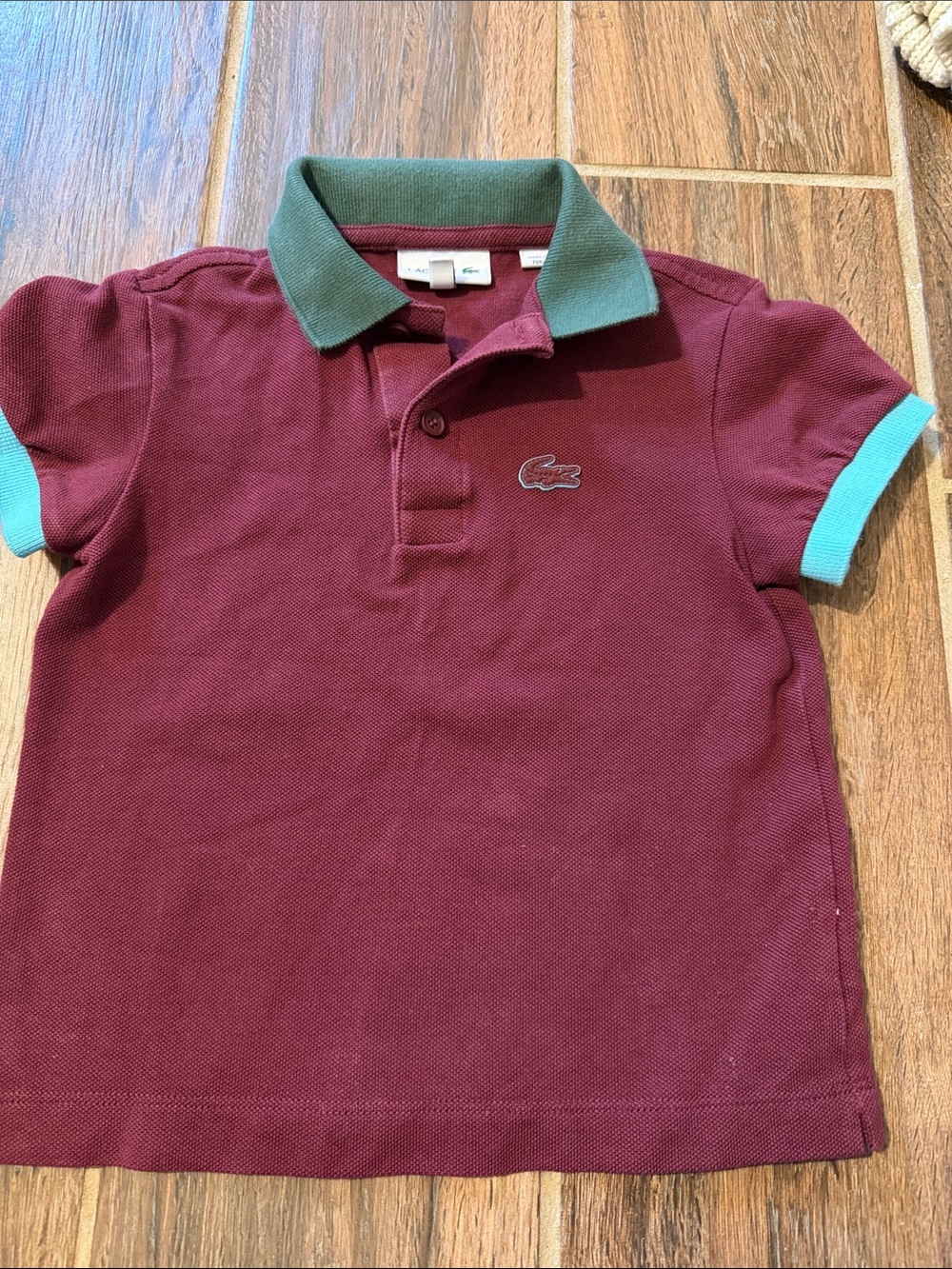 Lacoste Kids Burgundy Polo with Green Collar and Light Blue Sleeve Trim